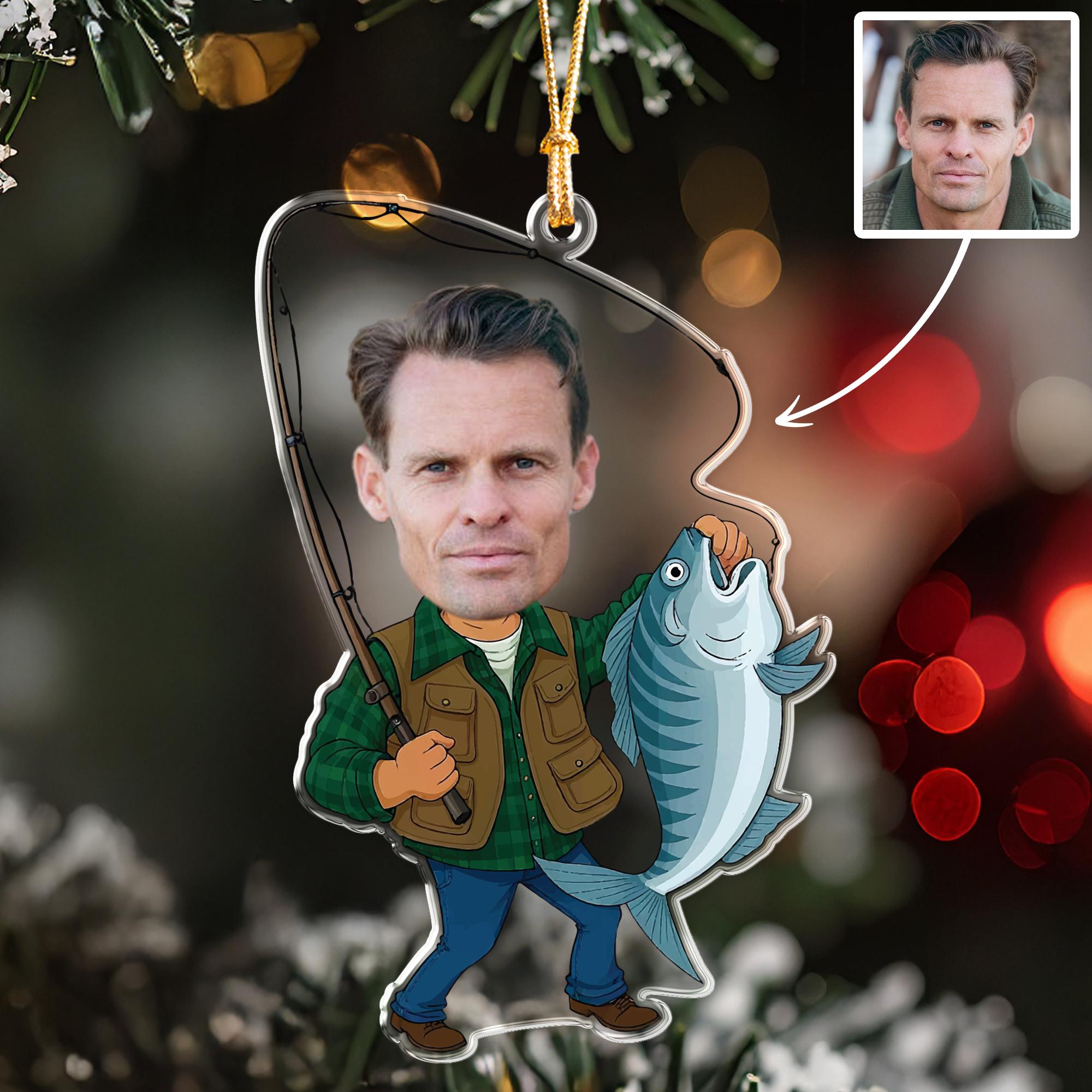 Personalized Fisherman Christmas Ornament, Custom Face Photo Gift for Dad, Funny Angler Caricature, Xmas Fishing Gift for Grandpa Husband