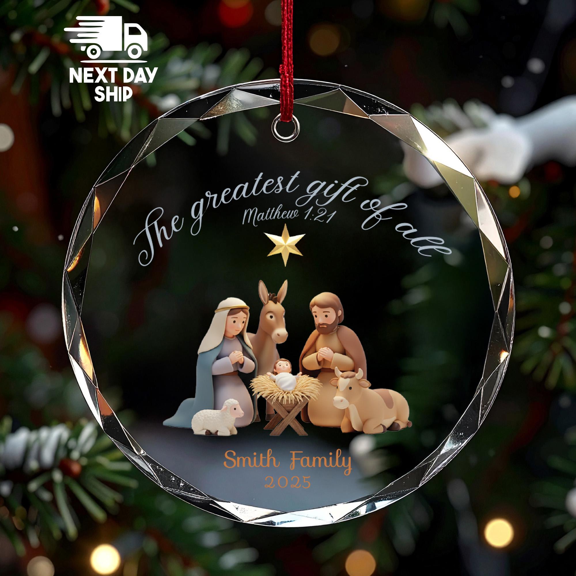 Personalized Nativity Ornament 2025, Custom Family Name, 'The Greatest Gift of All', Religious Christmas Keepsake, Glass Ceramic Acrylic