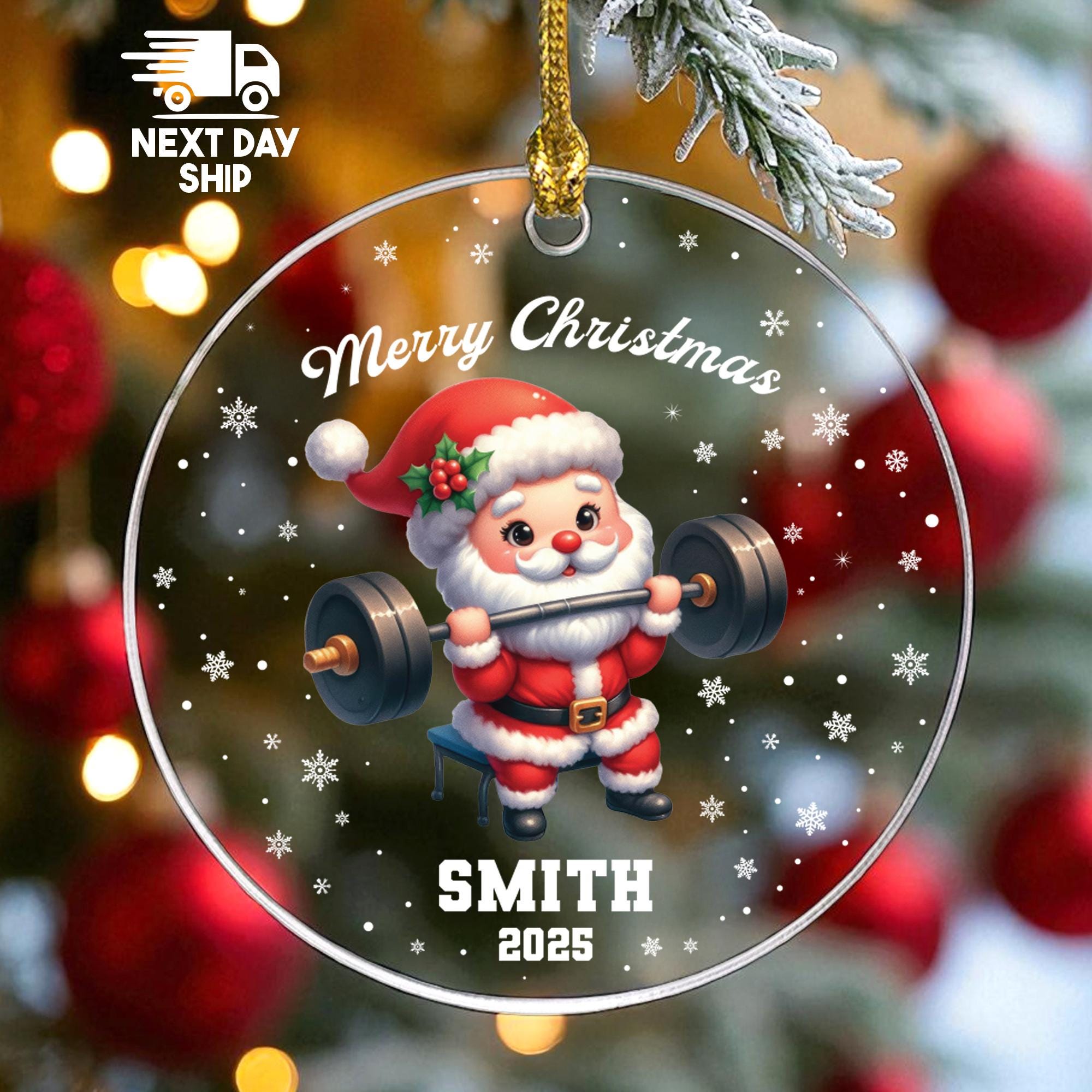 Personalized Weightlifting Santa Ornament 2025, Custom Name Gym Fitness Gift, Glass Ceramic Acrylic, Workout Christmas Decor