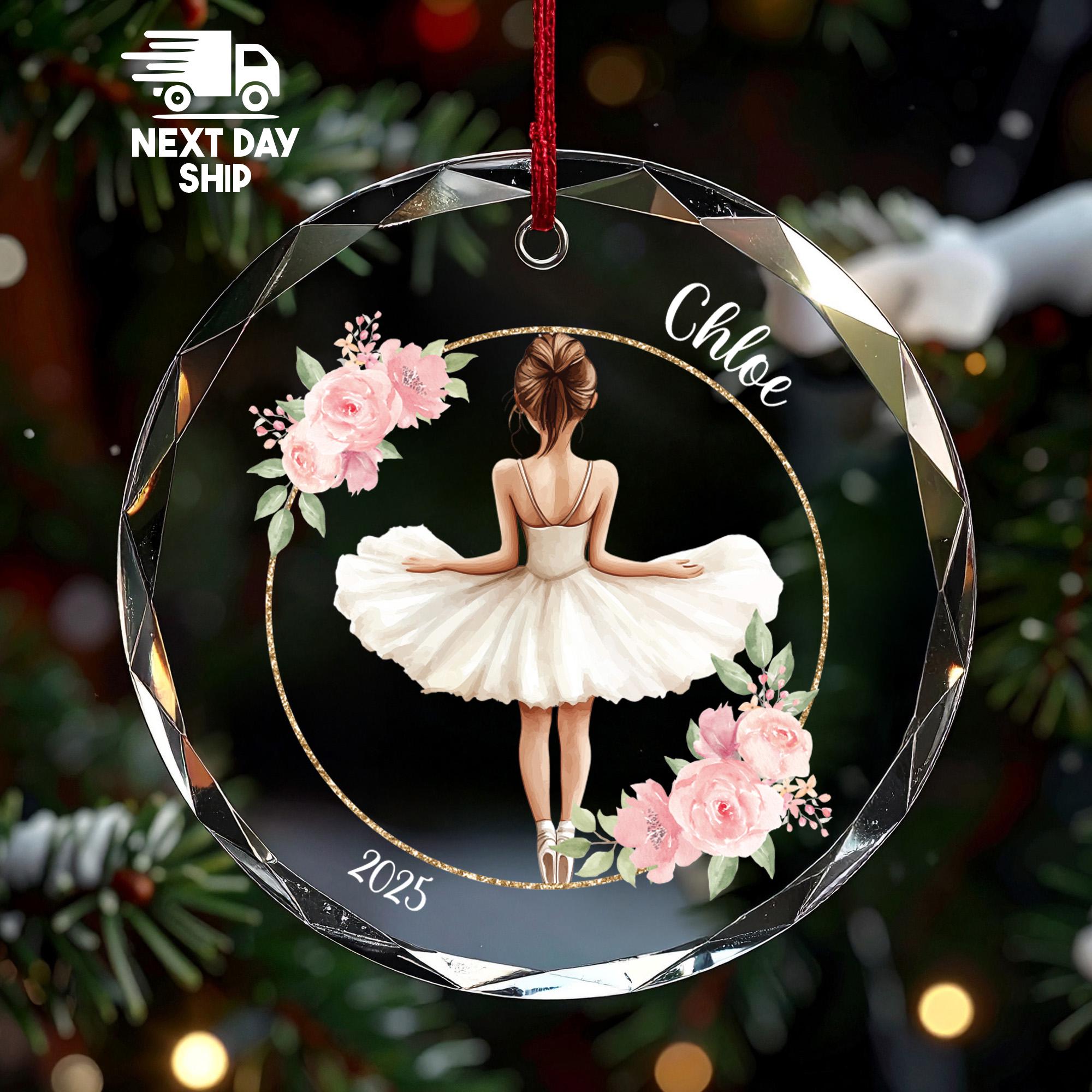 Personalized Ballerina Ornament 2025, Custom Name Ballet Dancer Gift for Girl, Glass Ceramic Acrylic Keepsake, Pink Floral Decor