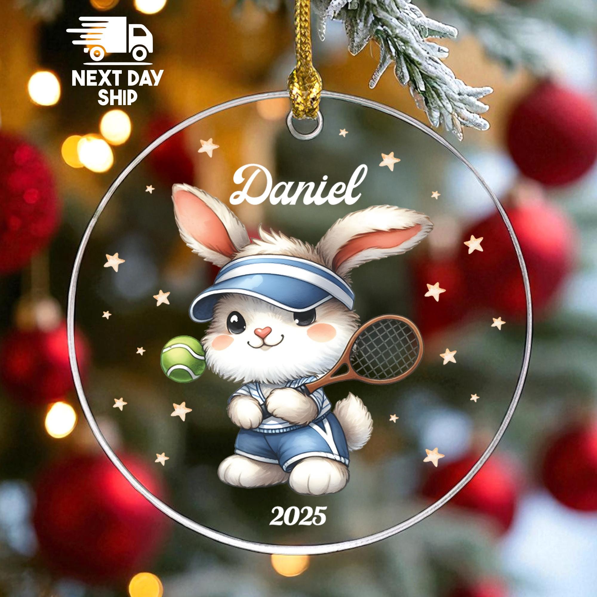 Personalized Tennis Ornament 2025, Custom Name Cute Bunny Player Gift, Glass Ceramic Acrylic, Kids Sports Keepsake