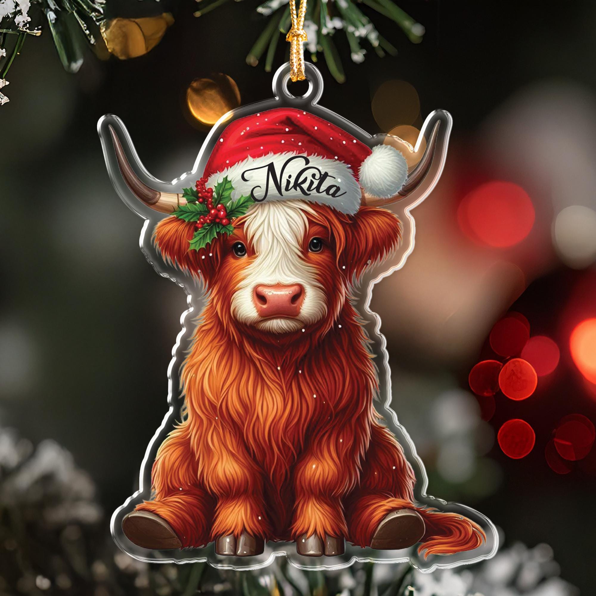 Personalized Highland Cow Ornament, Custom Name Cute Cow with Santa Hat, Farmhouse Christmas Decor, Acrylic Keepsake Gift for Cow Lover