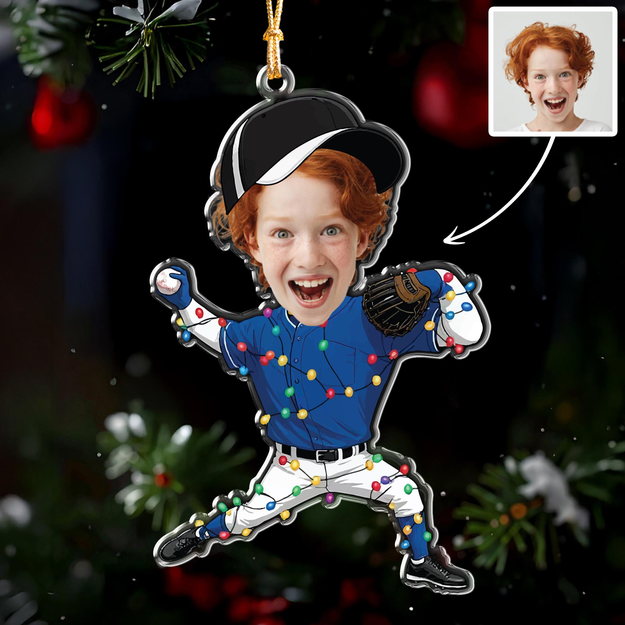 Custom Face Baseball Player Ornament, Personalized Photo Christmas Gift for Kids, Boy Athlete, Acrylic Tree Decor with Xmas Lights