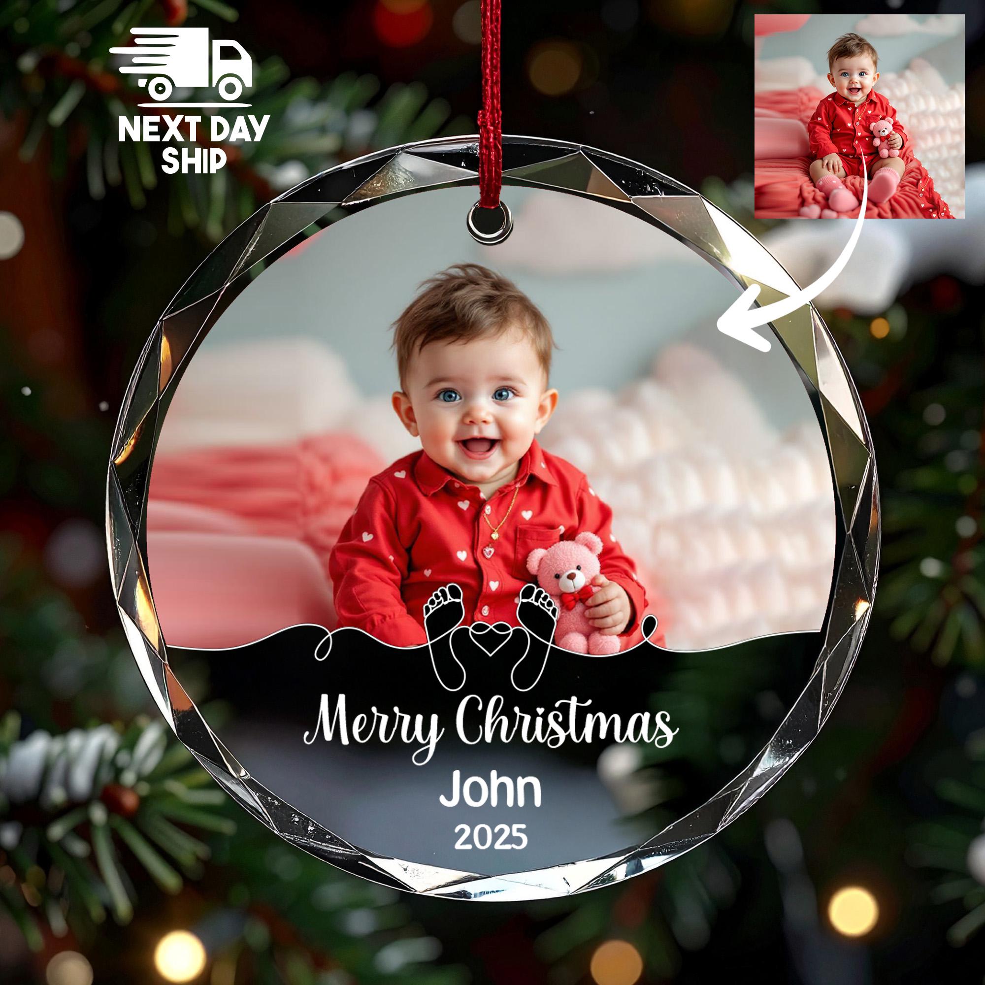Personalized Baby Photo Christmas Ornament 2025, Custom Name Merry Christmas Keepsake, Baby Feet, Glass Ceramic Acrylic Gift