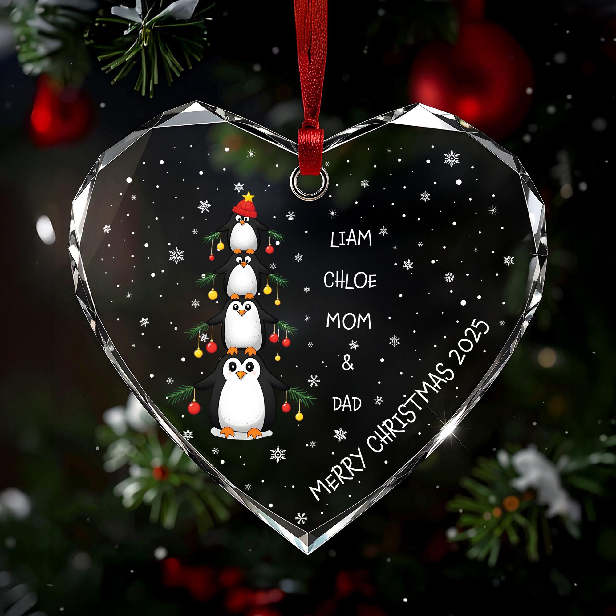 Personalized Penguin Family Ornament 2025, Cute Penguin Christmas Tree Stack, Custom Names Keepsake, Glass Ceramic Acrylic Gift