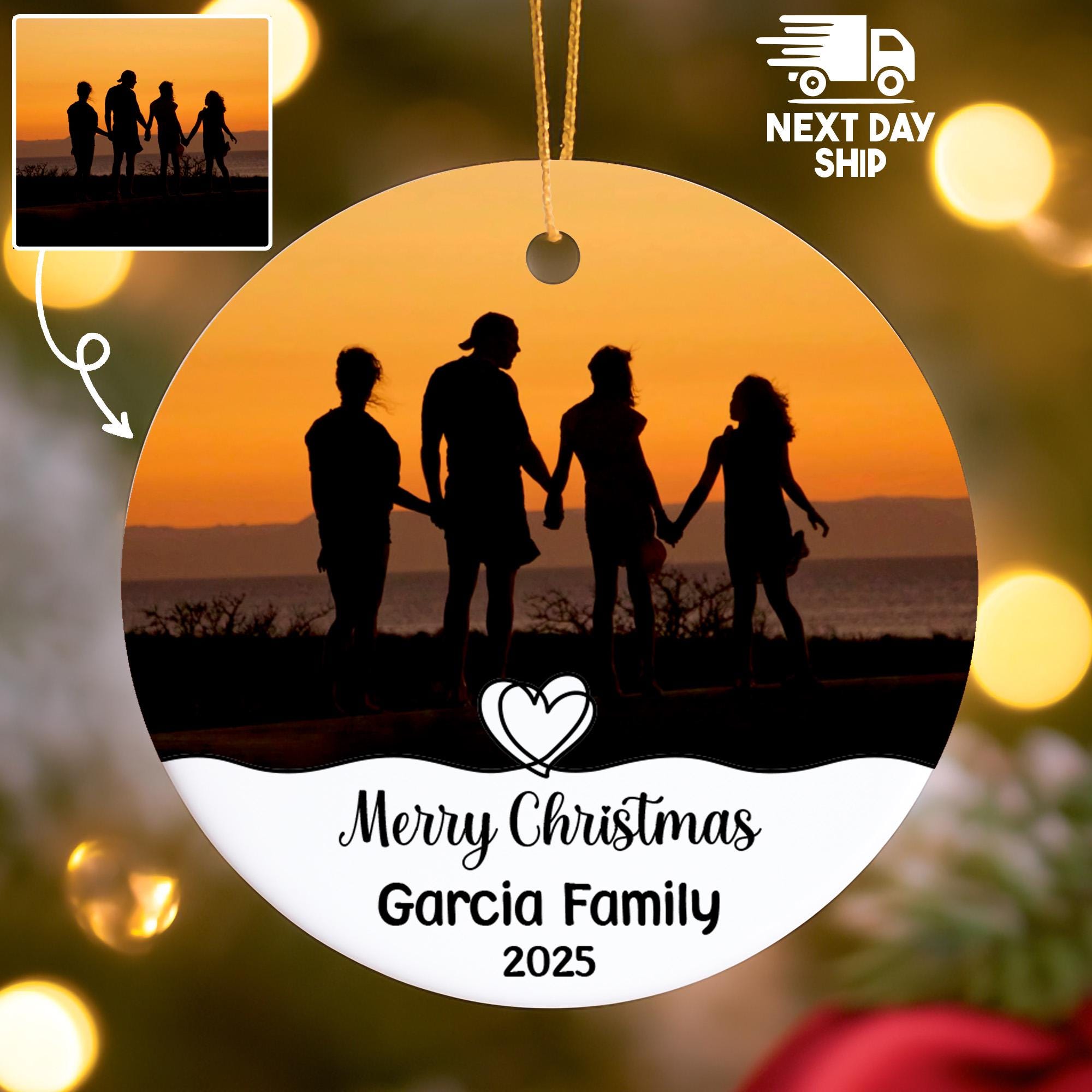 Personalized Family Photo Ornament 2025, Custom Family Name Silhouette Keepsake, Glass Ceramic Acrylic, Merry Christmas Holiday Gift