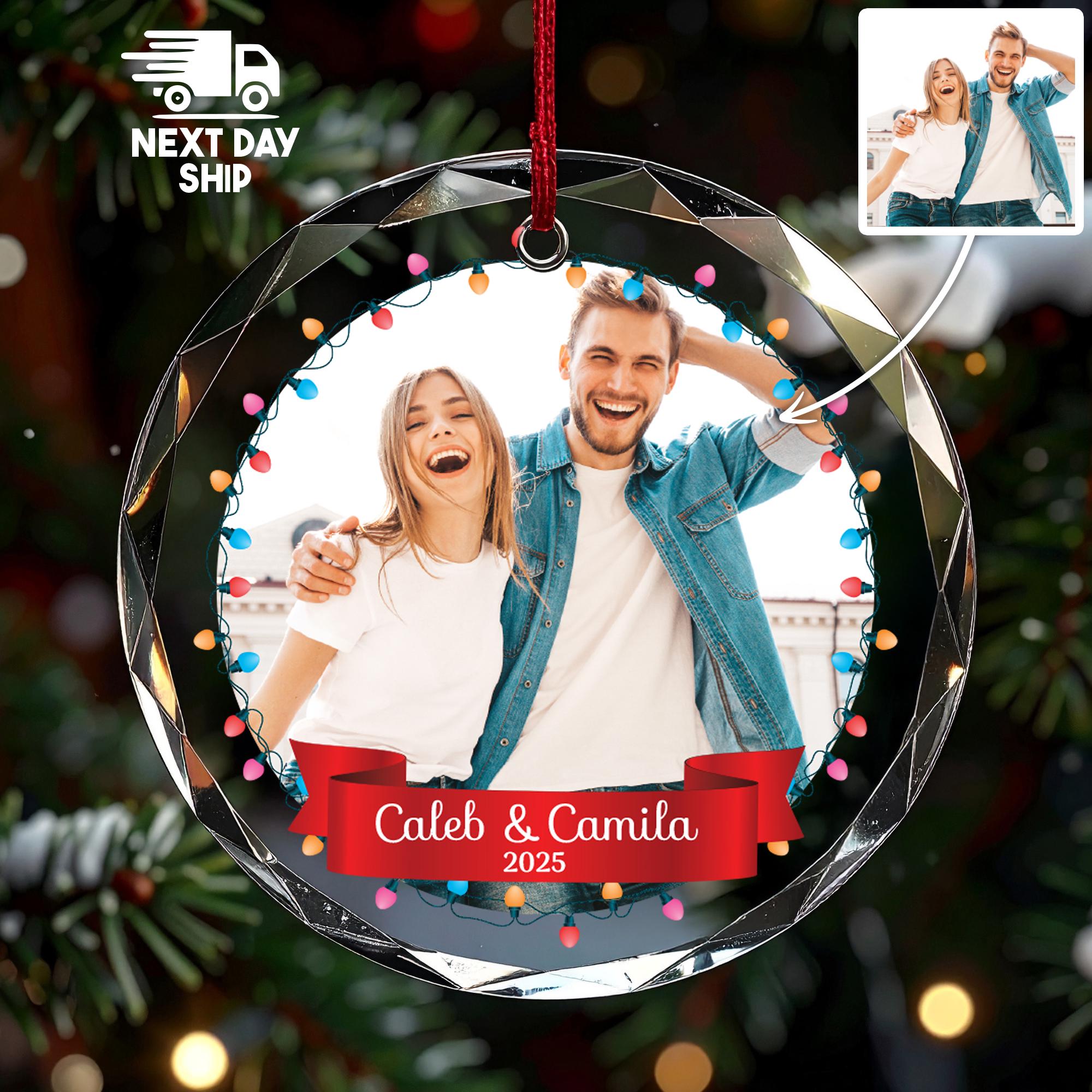 Personalized Couple Photo Ornament, Custom Names Red Banner, Christmas Lights Frame, Glass Ceramic Acrylic, Holiday Keepsake