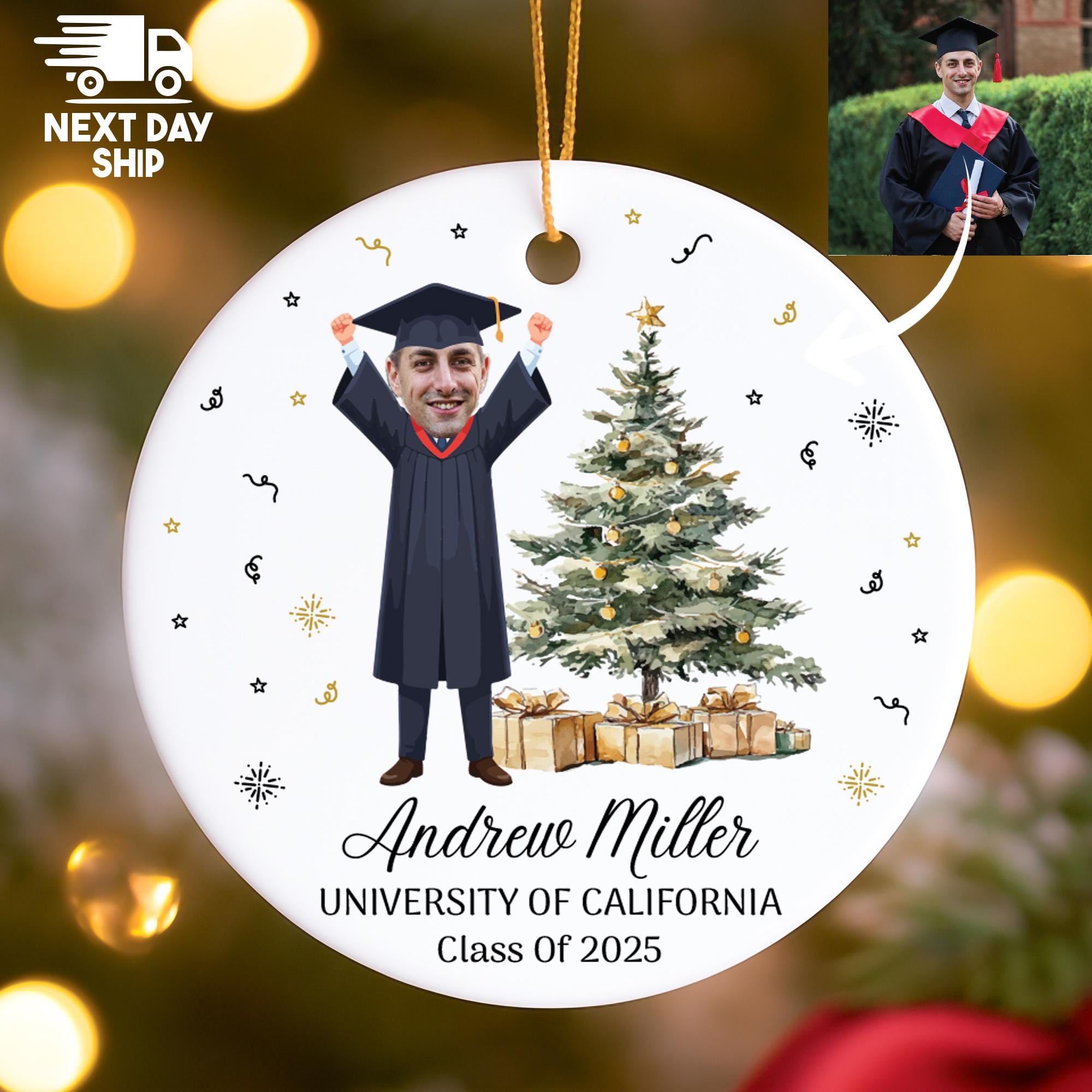 Personalized Graduation Ornament, Custom Face Photo, Class of 2025 Keepsake, College Grad Gift, Glass Ceramic Acrylic, University Caricature