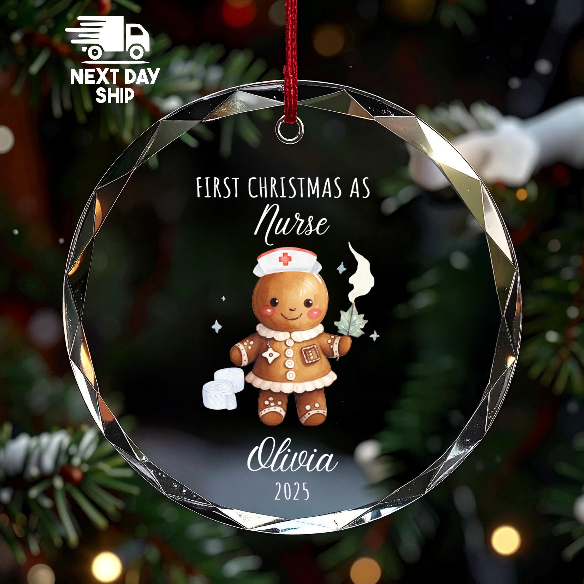 round-hPersonalized First Christmas as Nurse Ornament 2025, Custom Name, Gingerbread RN Gift, Glass Ceramic Acrylic, Nursing School Gradeart