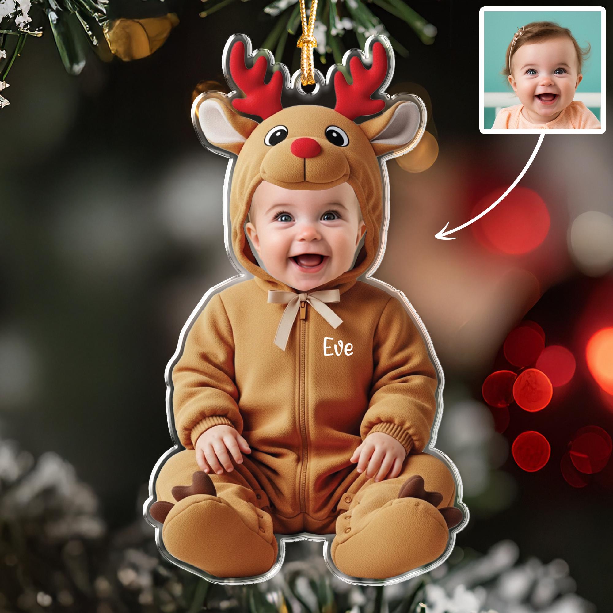 Personalized Baby Reindeer Ornament, Custom Photo & Name, Baby's First Christmas Keepsake, Cute Xmas Costume Gift for New Parents