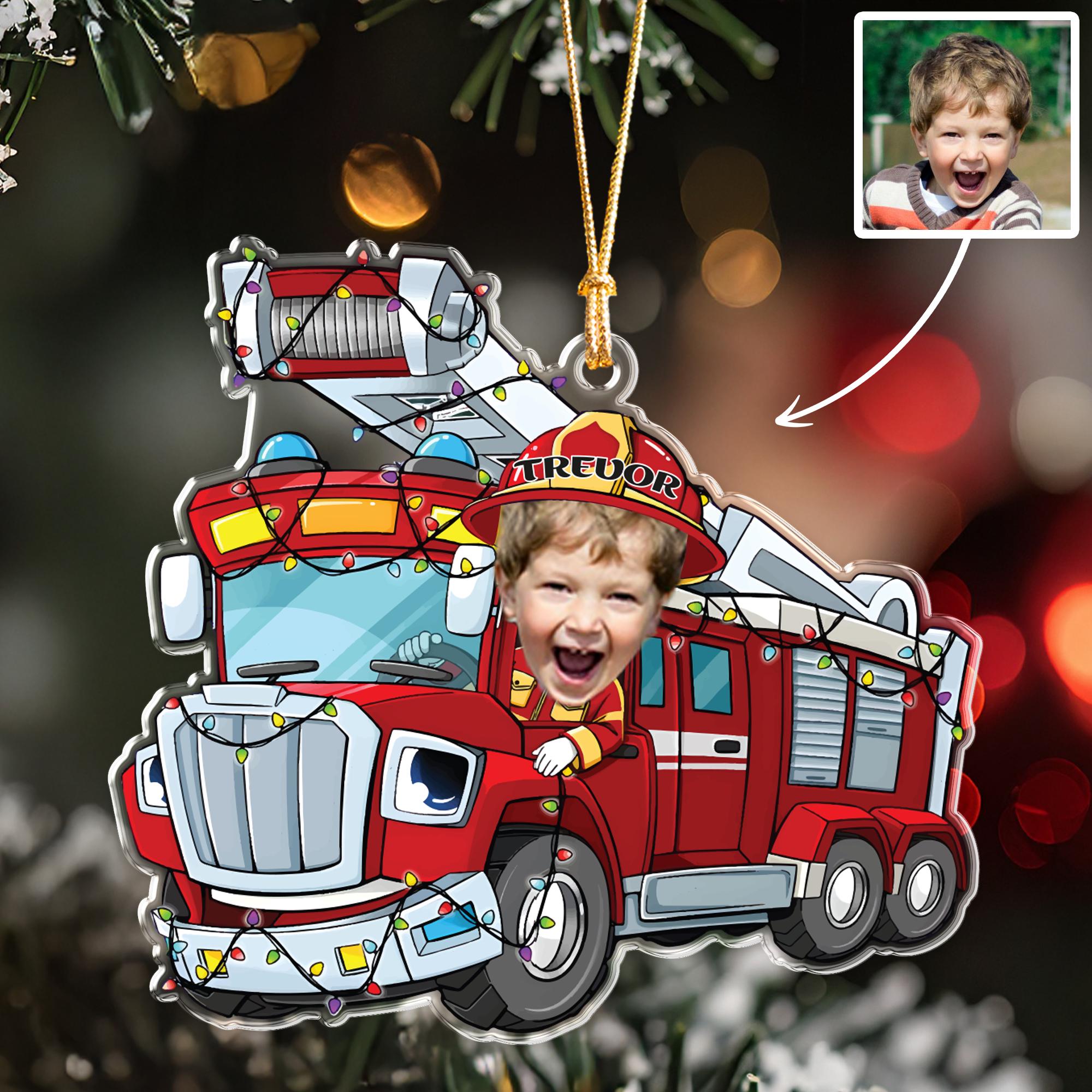 Personalized Fire Truck Christmas Ornament, Custom Photo & Name Gift for Son, Future Firefighter Keepsake, Kids Xmas Tree Decor for Boy