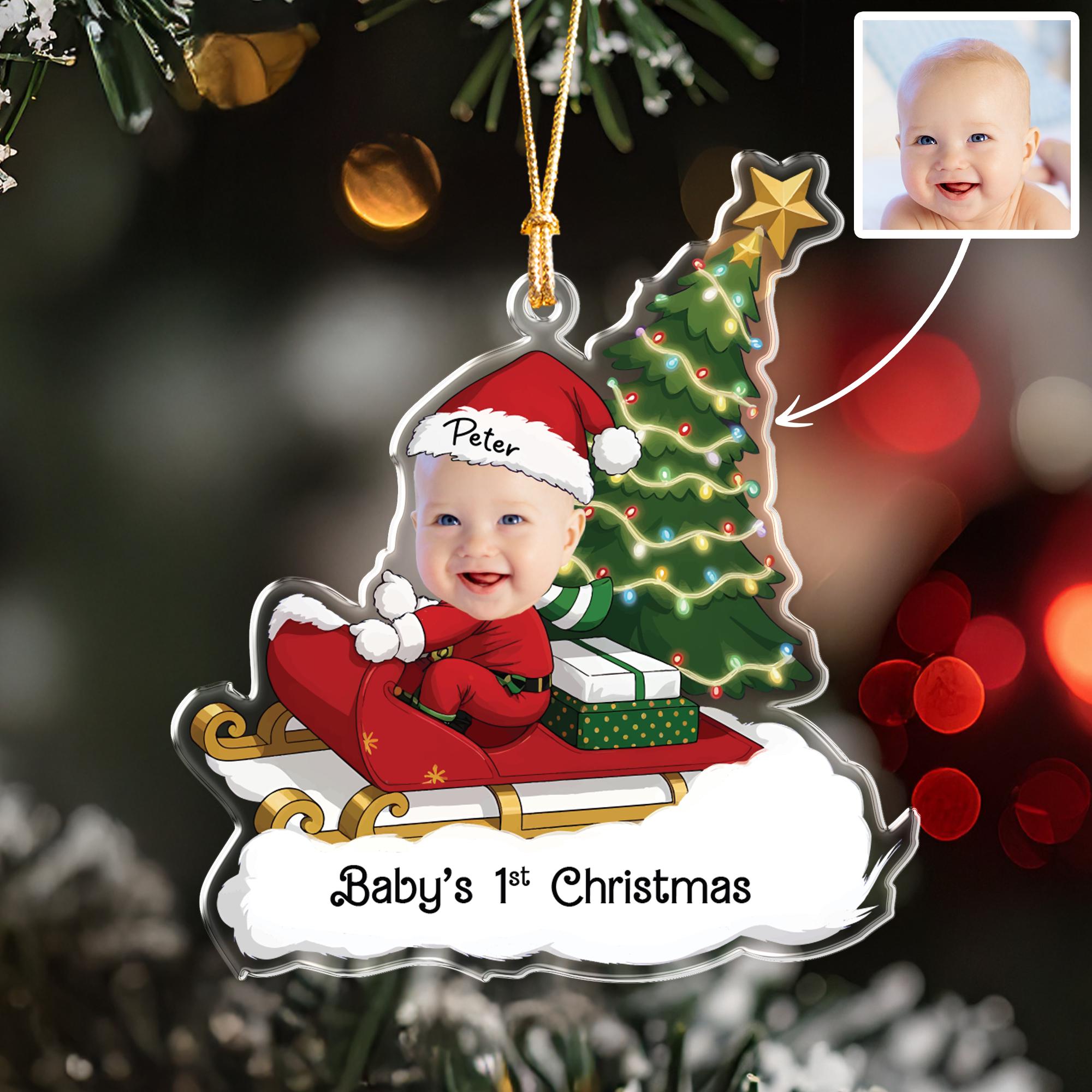 Baby's First Christmas Ornament, Custom Photo & Name Sleigh Ride Keepsake, Personalized 1st Xmas Gift for New Parents, Acrylic Tree Decor