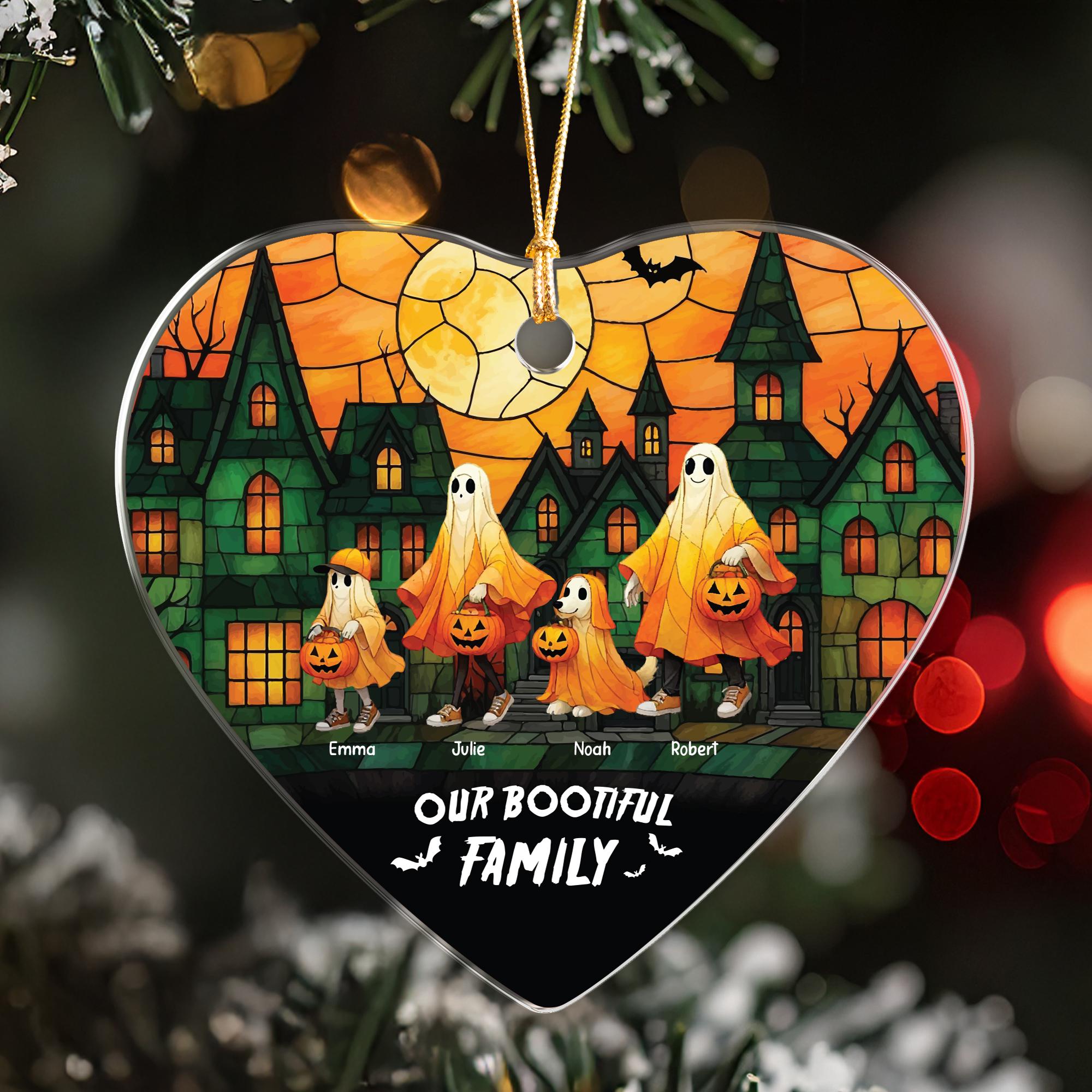 Personalized Halloween Family Ornament with Pet, Custom Names Ghost Costume, 'Our Bootiful Family', Glass Ceramic Acrylic Keepsake