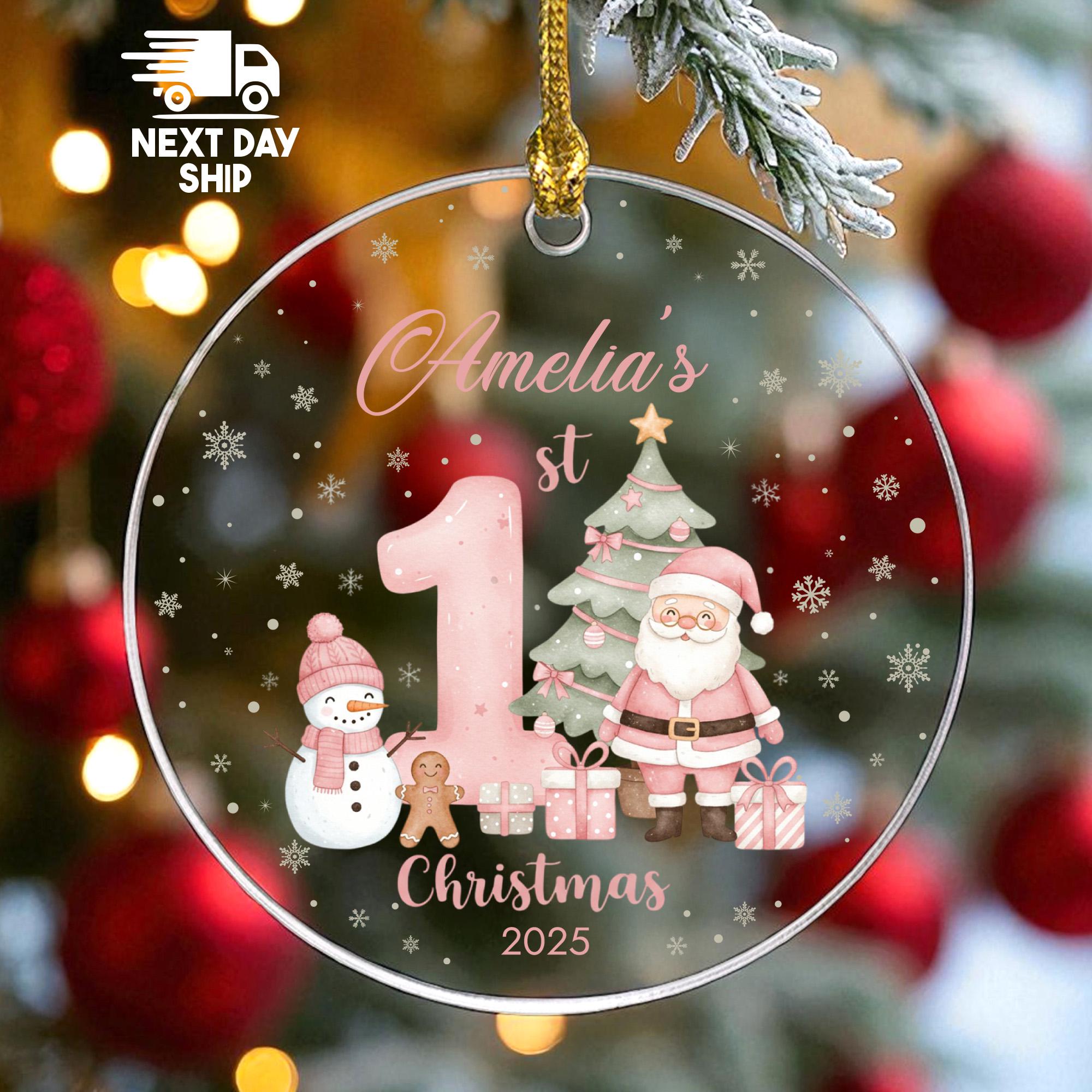 Baby's First Christmas 2025 Ornament, Personalized Name Gift for Baby Girl, Pink Santa Snowman, Glass Ceramic Acrylic Heart Round