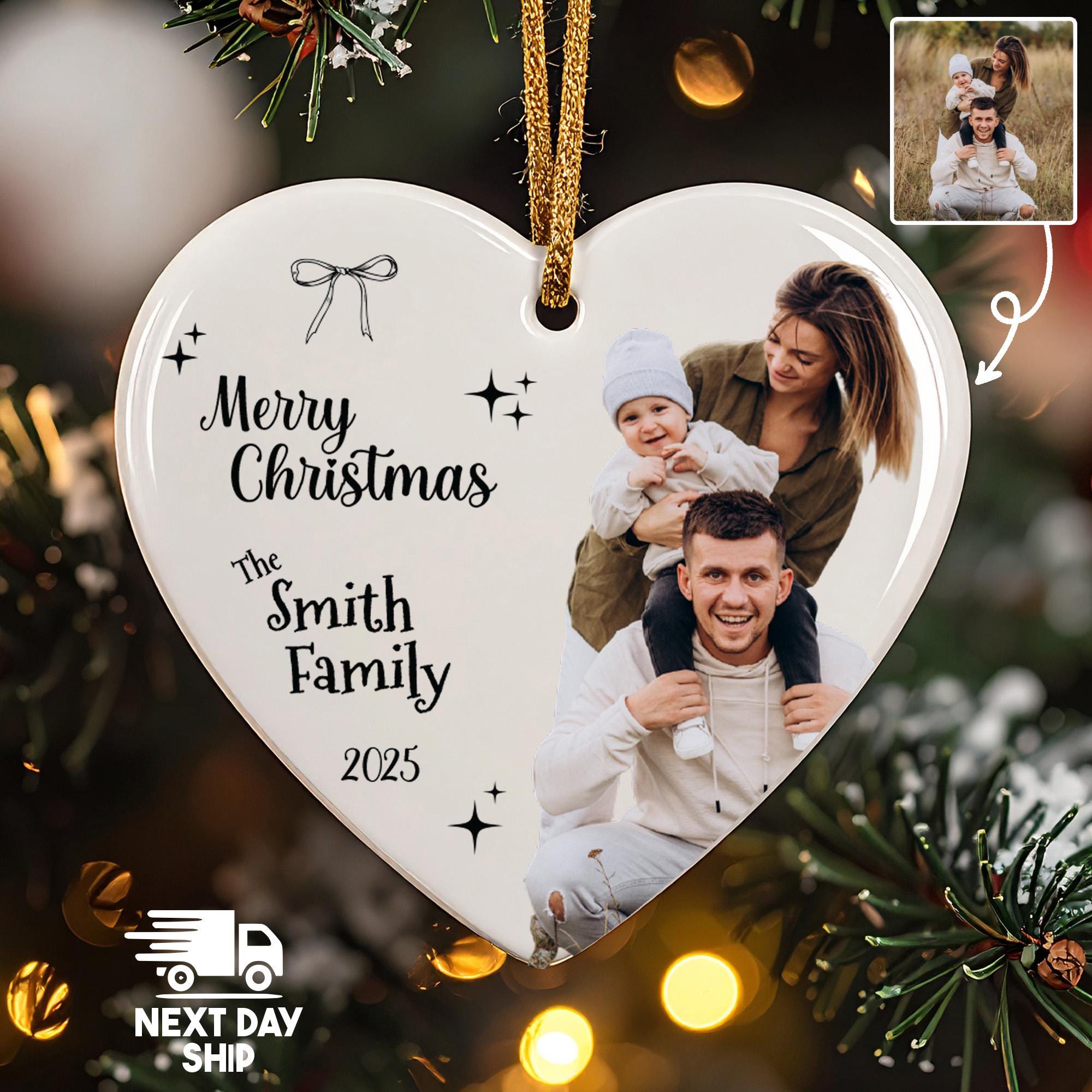 Personalized Family Photo Ornament 2025, Merry Christmas Custom Family Name Keepsake, Glass Ceramic Acrylic, Holiday Photo Gift