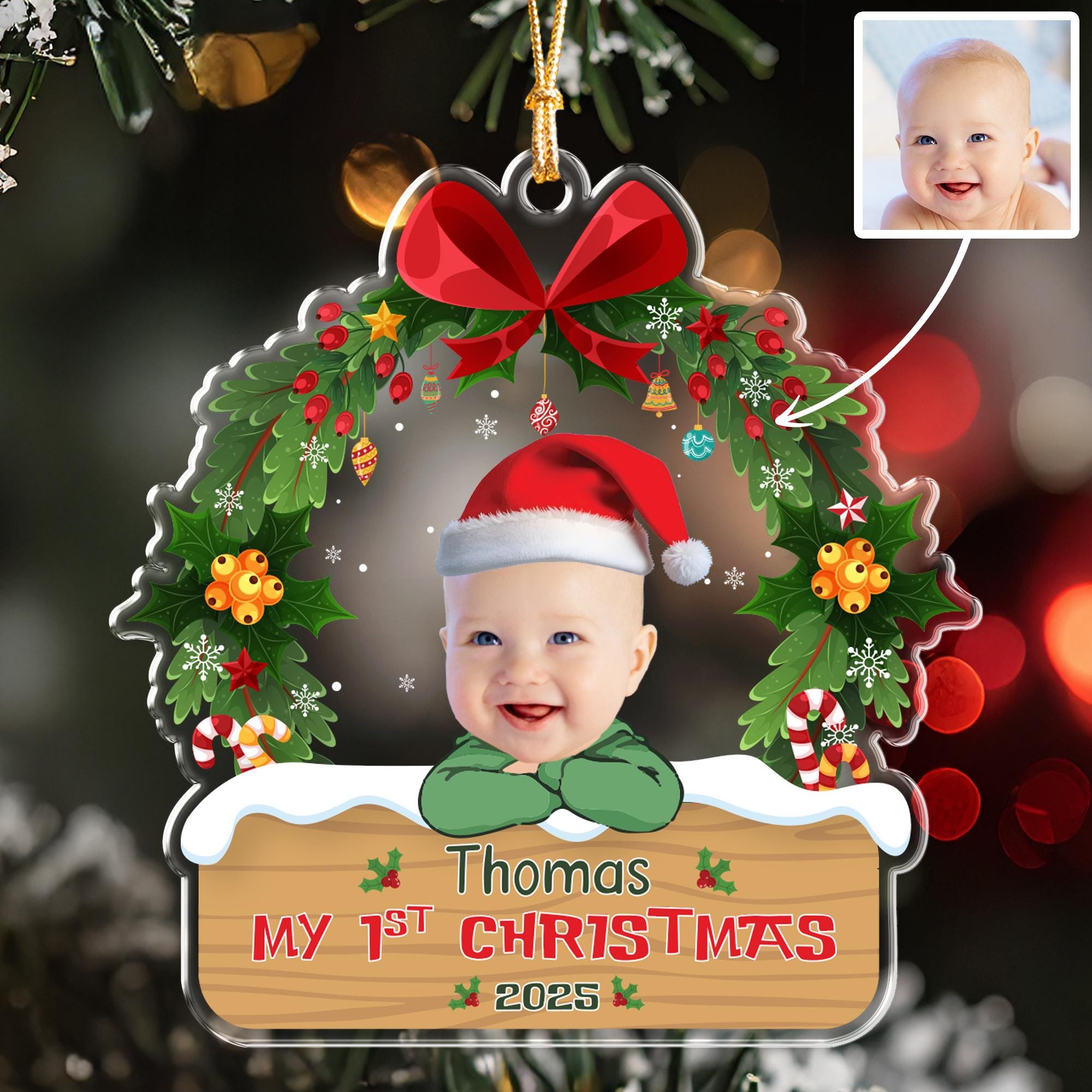 My 1st Christmas 2025 Ornament, Personalized Baby Photo & Name Keepsake, Custom Wreath Decoration, First Christmas Gift for New Mom Dad