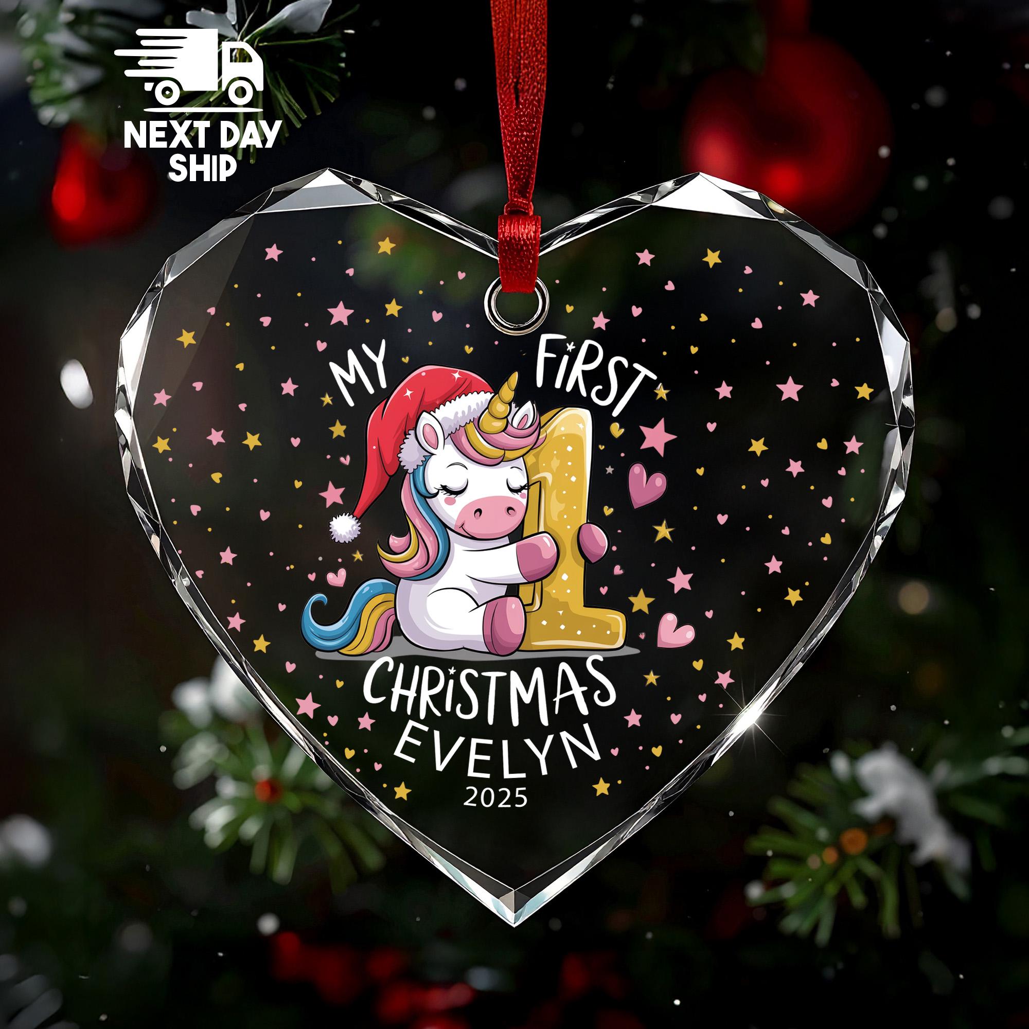 Baby's First Christmas 2025 Ornament, Personalized Name Unicorn Gift for Girl, Glass Ceramic Acrylic Heart Round Decor