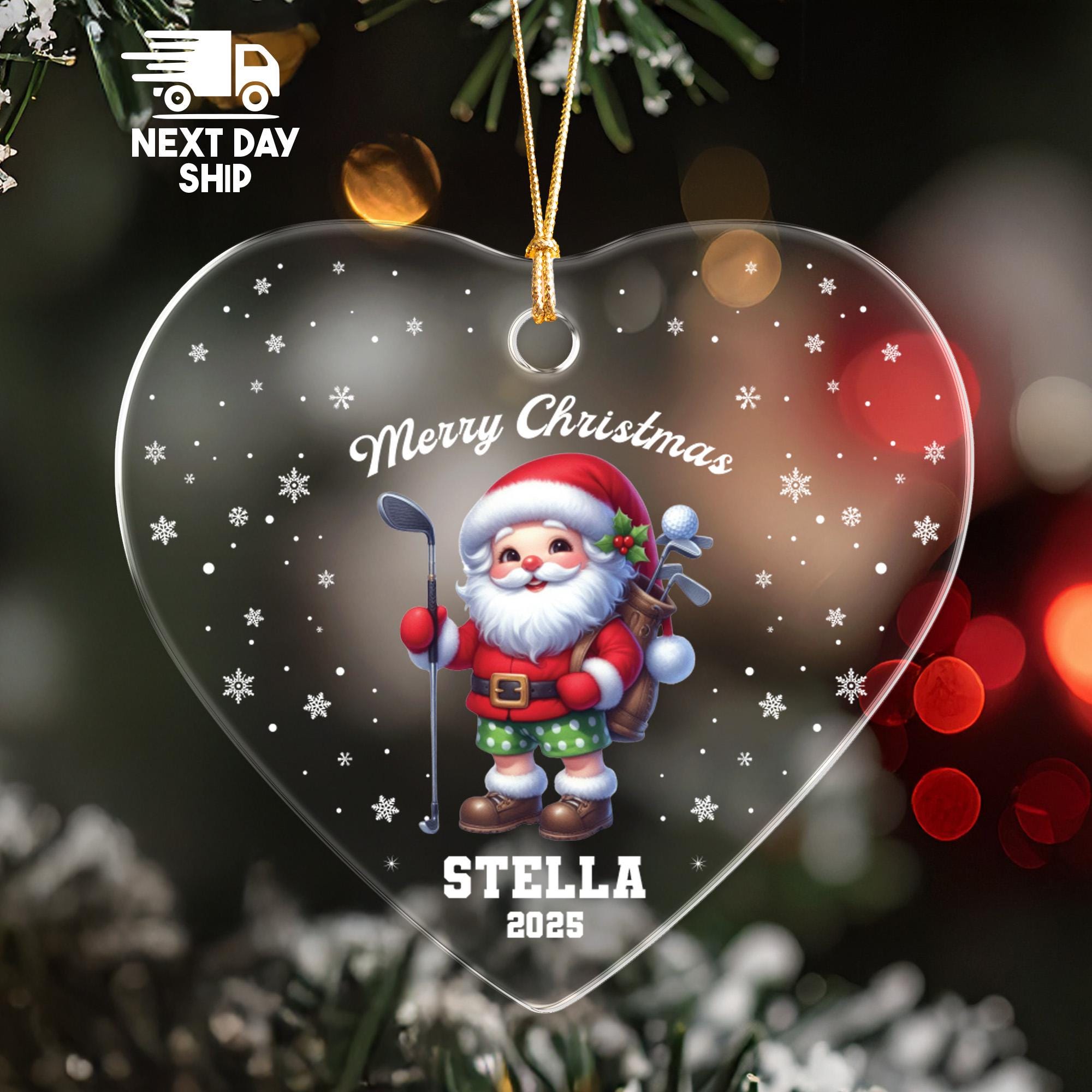 Personalized Golf Ornament 2025, Merry Christmas Santa, Custom Name Golfer Gift, Glass Ceramic Acrylic, Kids Xmas Keepsake