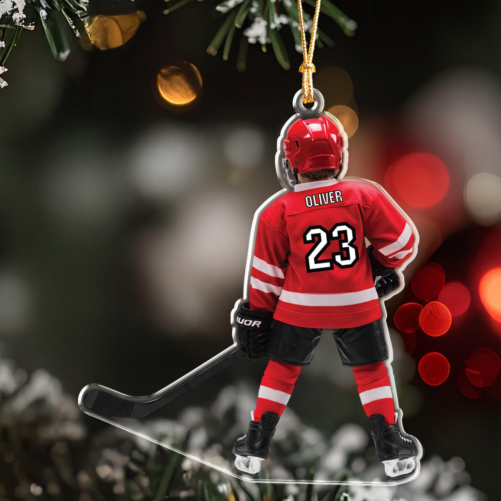 ersonalized Hockey Player Ornament, Custom Name Number Gift, Ice Hockey Team Christmas Keepsake, Hockey Mom Gift, Sports Fan Tree Decor