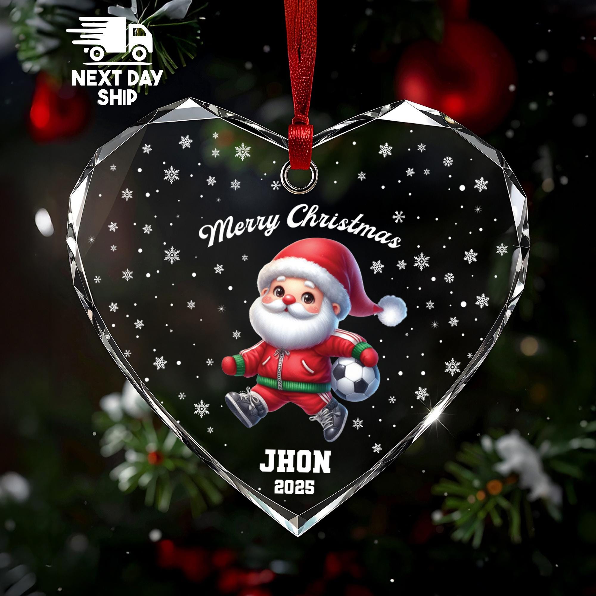 Personalized Soccer Ornament 2025, Merry Christmas Santa, Custom Name Football Player Gift, Glass Ceramic Acrylic, Kids Xmas Keepsake