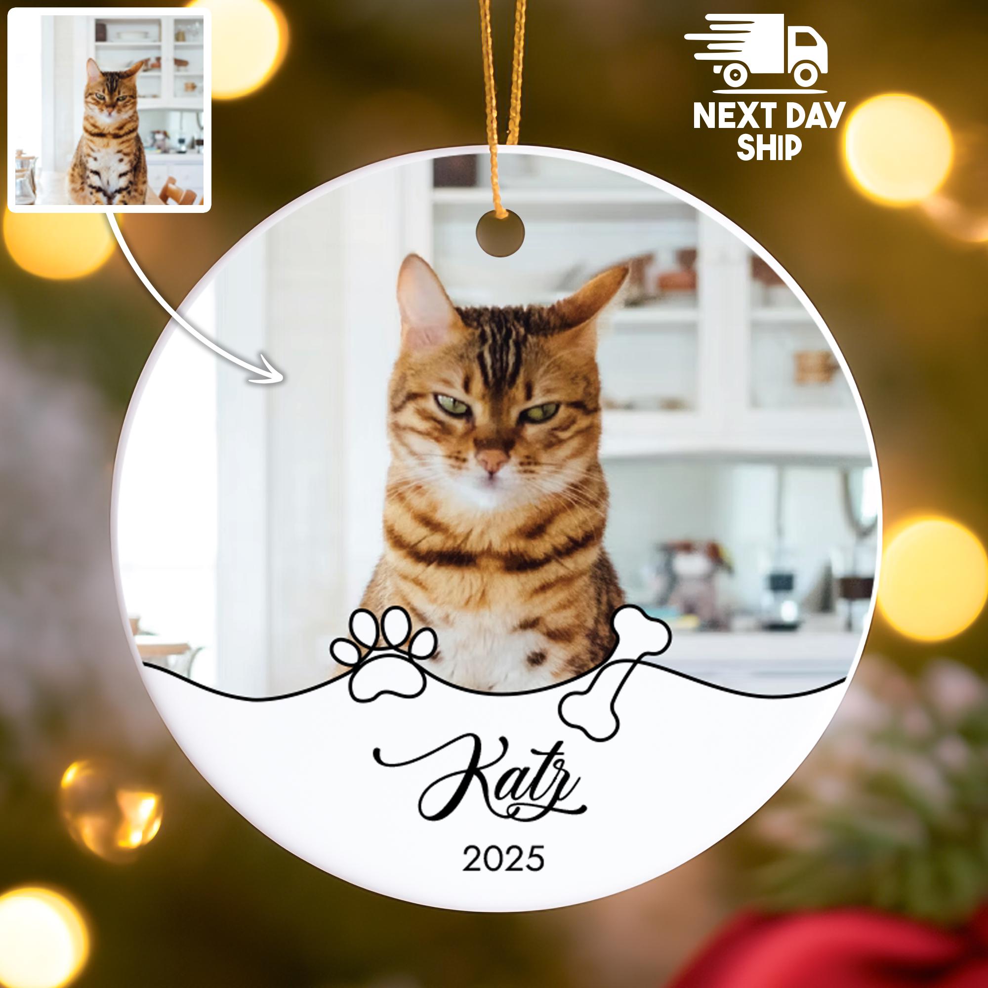 Personalized Cat Photo Ornament 2025, Custom Pet Name Christmas Keepsake, Cat Lover Gift, A Purrfect Holiday Memory