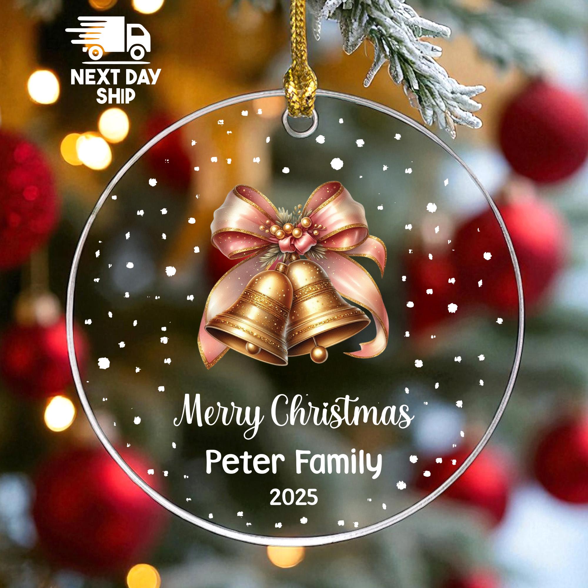Personalized Family Christmas Ornament 2025, 'Merry Christmas' Bells Decor, Custom Name Keepsake, Glass Ceramic or Acrylic, Heart Round