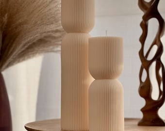 Ribbed Hourglass Pillar Candle| Sculptural Striped Candle| Aesthetic Table Decor| Column Ribbed Candle| Minimalist Decor| Housewarming Gift