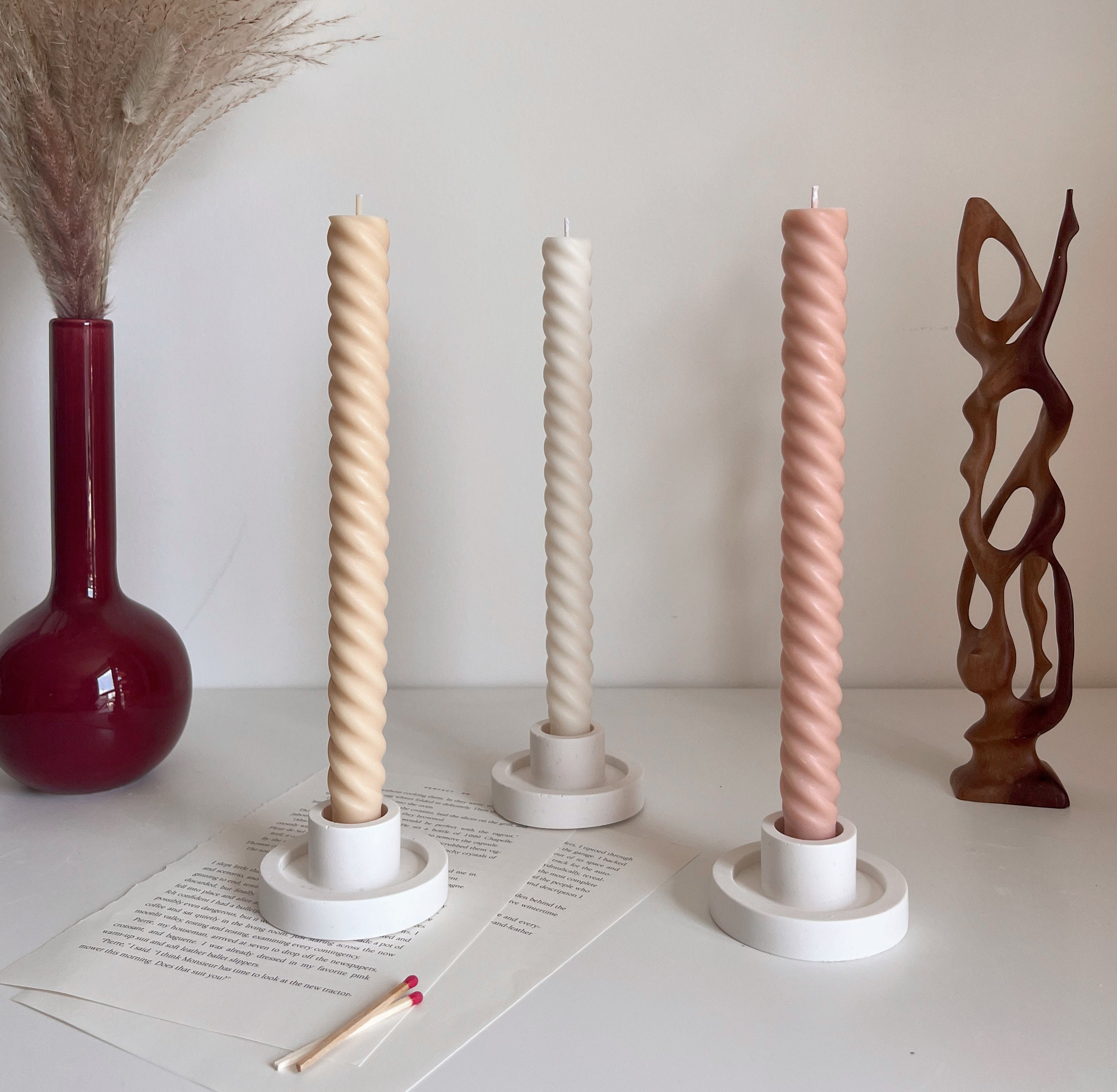 Tall Twisted Soy Wax Taper Candle: Handmade Pastel Decor