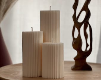 Ribbed Pillar Candle Set | Soy Wax Candle | Decorative Candle | Aesthetic Candle | Shaped White Candle | Unscented Candles| Unique Candle