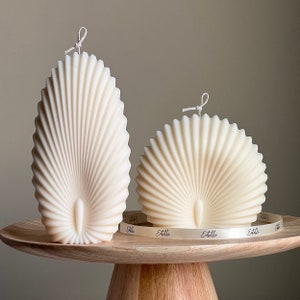 May include: Two white, shell-shaped candles on a wooden pedestal. The larger candle is oval-shaped and the smaller candle is round. Both candles have a textured, fan-like design.