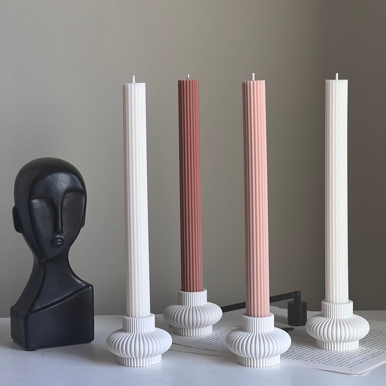 Ribbed Minimal Candlestick Holder Taper Candle Holder Wedding Decor Jesmonite Decor Candle Holder Dinner Candle Holder Table Decor image 1