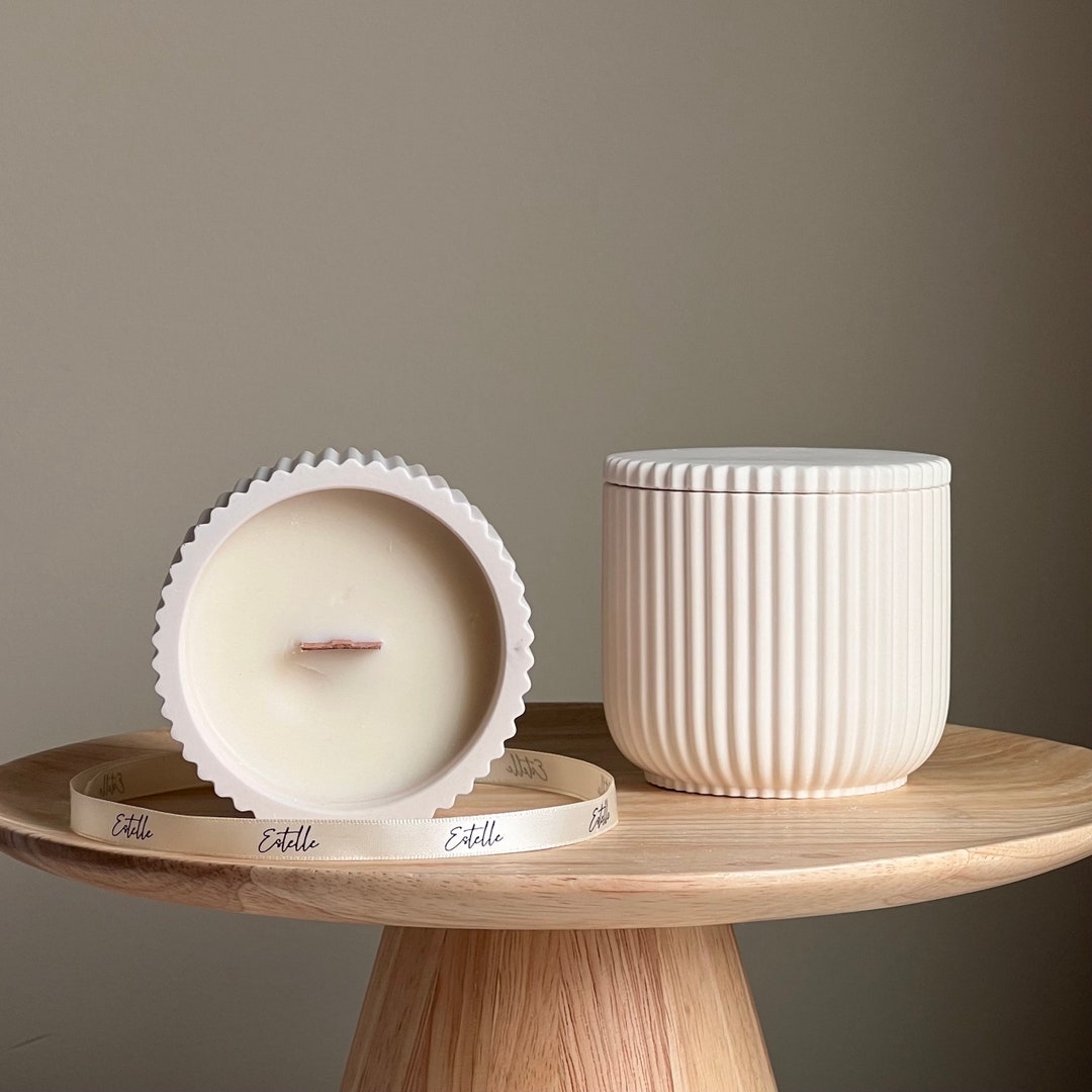 Handmade Ribbed Jar Soy Candle | Wood Wick, Jesmonite Vessel - Etsy