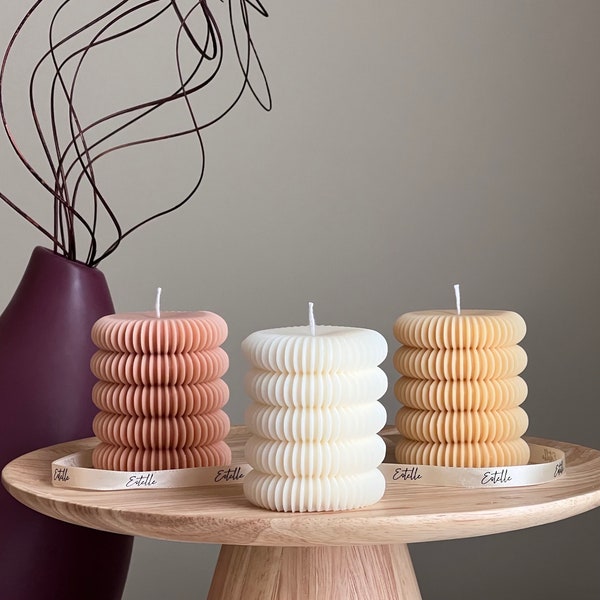 Round Ribbed Pillar Candle | Soy Wax Candle| Decorative Candle| Wavy Pillar| Aesthetic Decor| Shaped Candle| Unscented Candle| Unique Candle