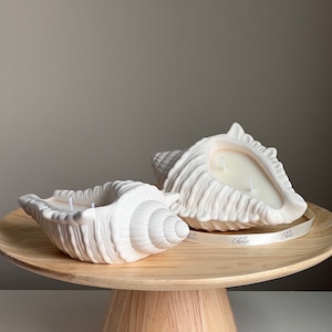 May include: Two white ceramic seashell candles on a wooden pedestal. The candles are shaped like seashells and have a white wax interior. The candles are labeled "Etoile" on the ribbon.