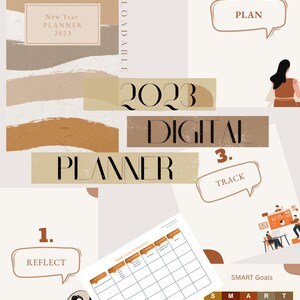 Może przedstawiać: Cyfrowy planer na rok 2023 do pobrania, w neutralnej palecie kolorów. Projekt zawiera tekst "New Year Planner 2023" i "2023 Digital Planner". Obraz zawiera również słowa "Reflect", "Plan" i "Track" oraz arkusz celów SMART.