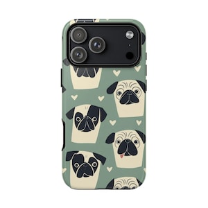 Hand-Drawn Pug Pattern Phone Case: Sage Green, Dual-Layer Protection