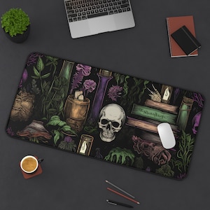 Skull Desk Mat | Witchy Gaming Play Mat | Dark Academia Extended Mouse Pad | Gothic Desk Decor