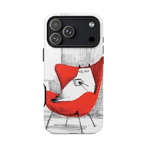 May include: White phone case with a cartoon cat illustration. The cat is in a red chair, holding a cup. The background is a sketched design. The phone case has a black camera module. The cat has a grumpy expression.