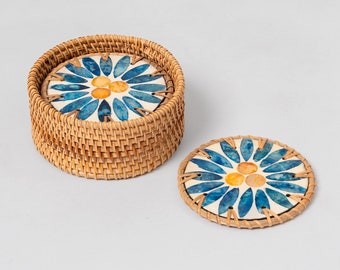 Boho Rattan Coasters Set of 6, Coasters with the box, Rustic tableware, Handwoven Mother of pearl inlay