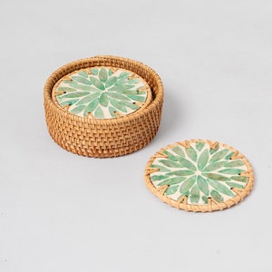 Rattan Coasters Set of 6, Coasters with the box, Rustic tableware, Handwoven Mother of pearl inlay