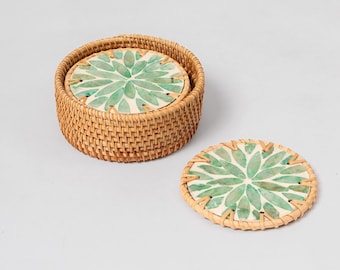 Rattan Coasters Set of 6, Coasters with the box, Rustic tableware, Handwoven Mother of pearl inlay