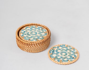 Rattan Coasters Set of 6, Coasters with the box, Rustic tableware, Handwoven Mother of pearl inlay