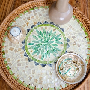 Oasis Round Rattan Serving Tray, Boho Handwoven Display Tray, Boho Décor, Hamptons Beach Wall Art, Mother of Pearl and Mosaic Details