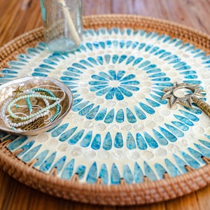 Serene Round Rattan Serving Tray, Boho Handwoven Display Tray,  Boho Décor, Hamptons Beach Wall Art, Mother of Pearl and Mosaic Details