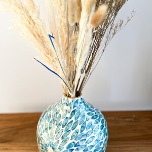 Azure Boho Round Bamboo Vase, Handwoven Mother of pearl inlay, coastal tropical décor , dried flowers arrangement image 2