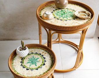 Oasis Boho Rattan Side Table Set, Bedside Table, Round Modern Coffee, Minimalist Living Room Furniture, Rattan Furniture
