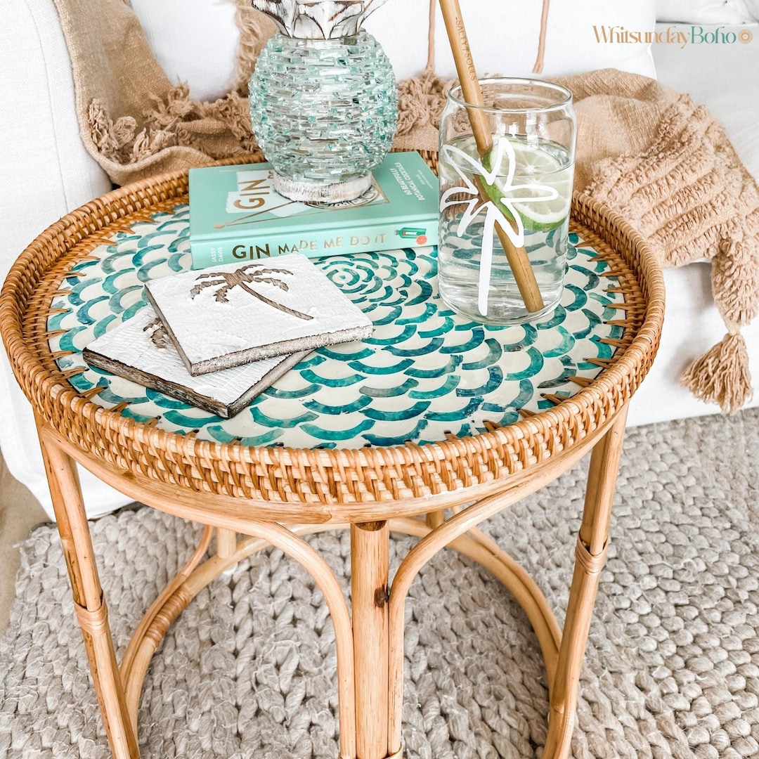 Boho Rattan Side Table End Table, Bedside Table, Round Modern Coffee ...