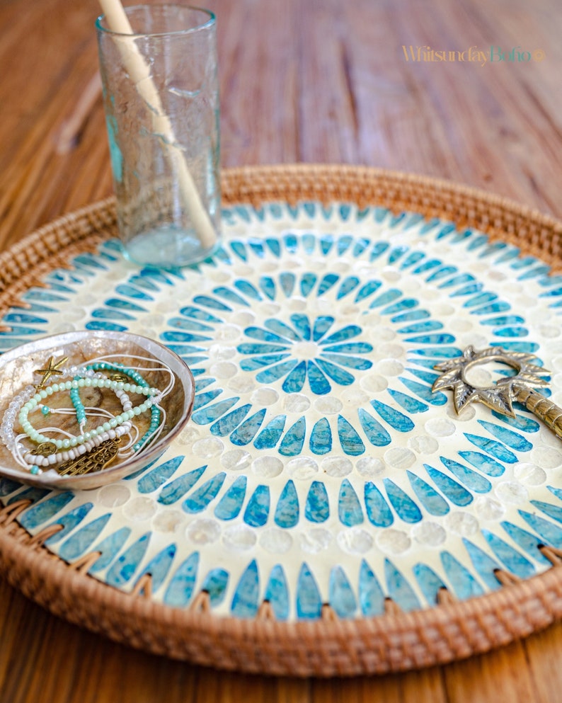 Serene Round Rattan Serving Tray Boho Handwoven Display Tray Etsy