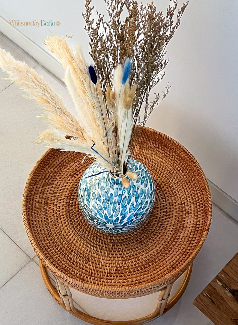 Azure Boho Round Bamboo Vase, Handwoven Mother of pearl inlay, coastal tropical décor , dried flowers arrangement image 3