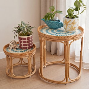 May include: Two round rattan side tables with light brown frames and circular tops featuring a blue and white radial pattern. The smaller table holds a maroon grid-patterned planter with a green plant and a seashell. The larger table holds a blue shell-shaped planter and a white floral planter with green plants.